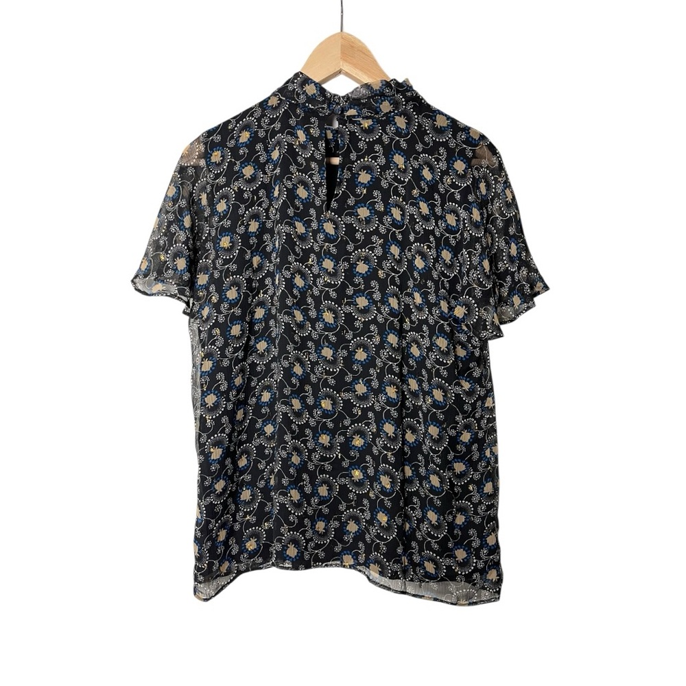 Ann Taylor Floral Metallic Tie Blouse Shirt Sleeve  M
